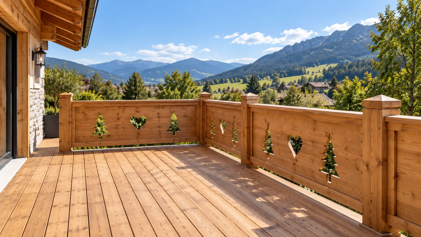 Terrasse en bois avec garde-corps décoratif et paysage de montagne