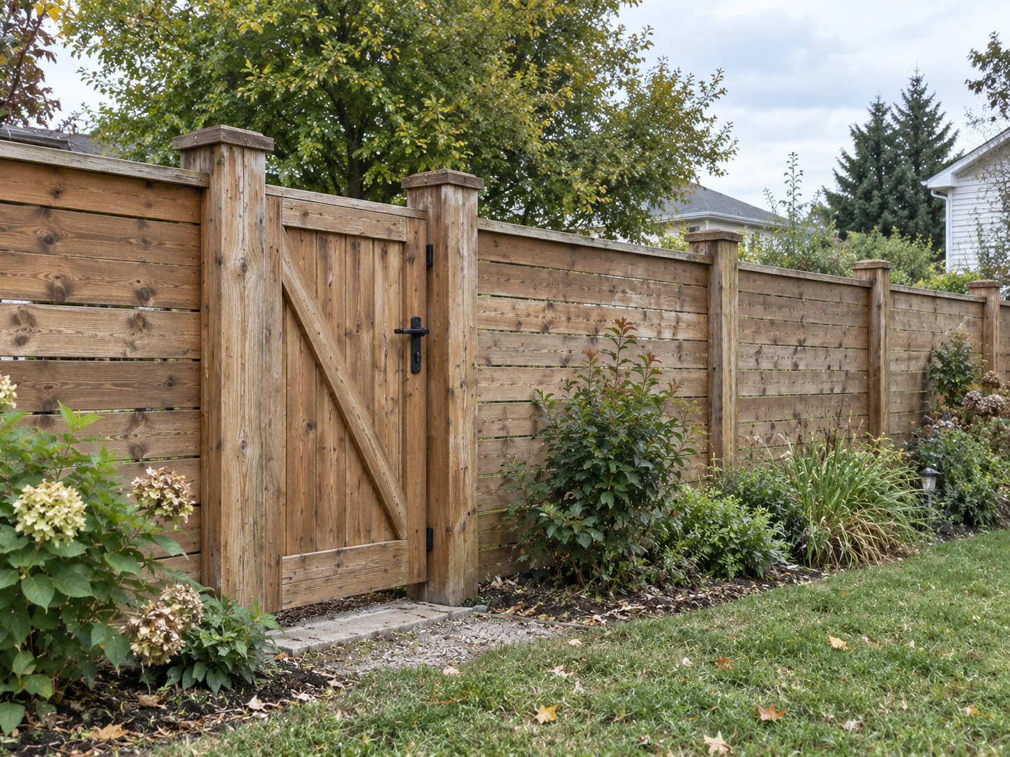 Clôture en bois avec portillon délimitant un jardin