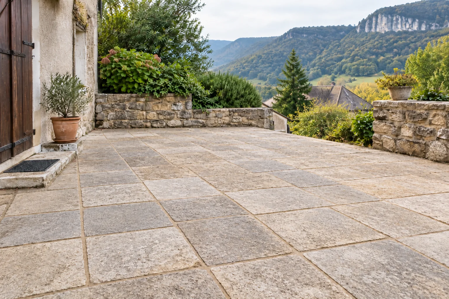 Terrasse en pierre naturelle après nettoyage, surface nette et ravivée