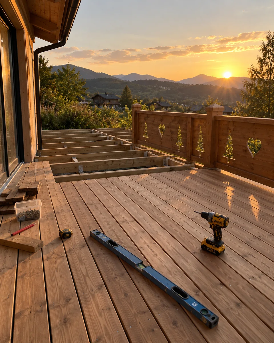 Terrasse en bois avec garde-corps et vue dégagée sur un paysage de montagne