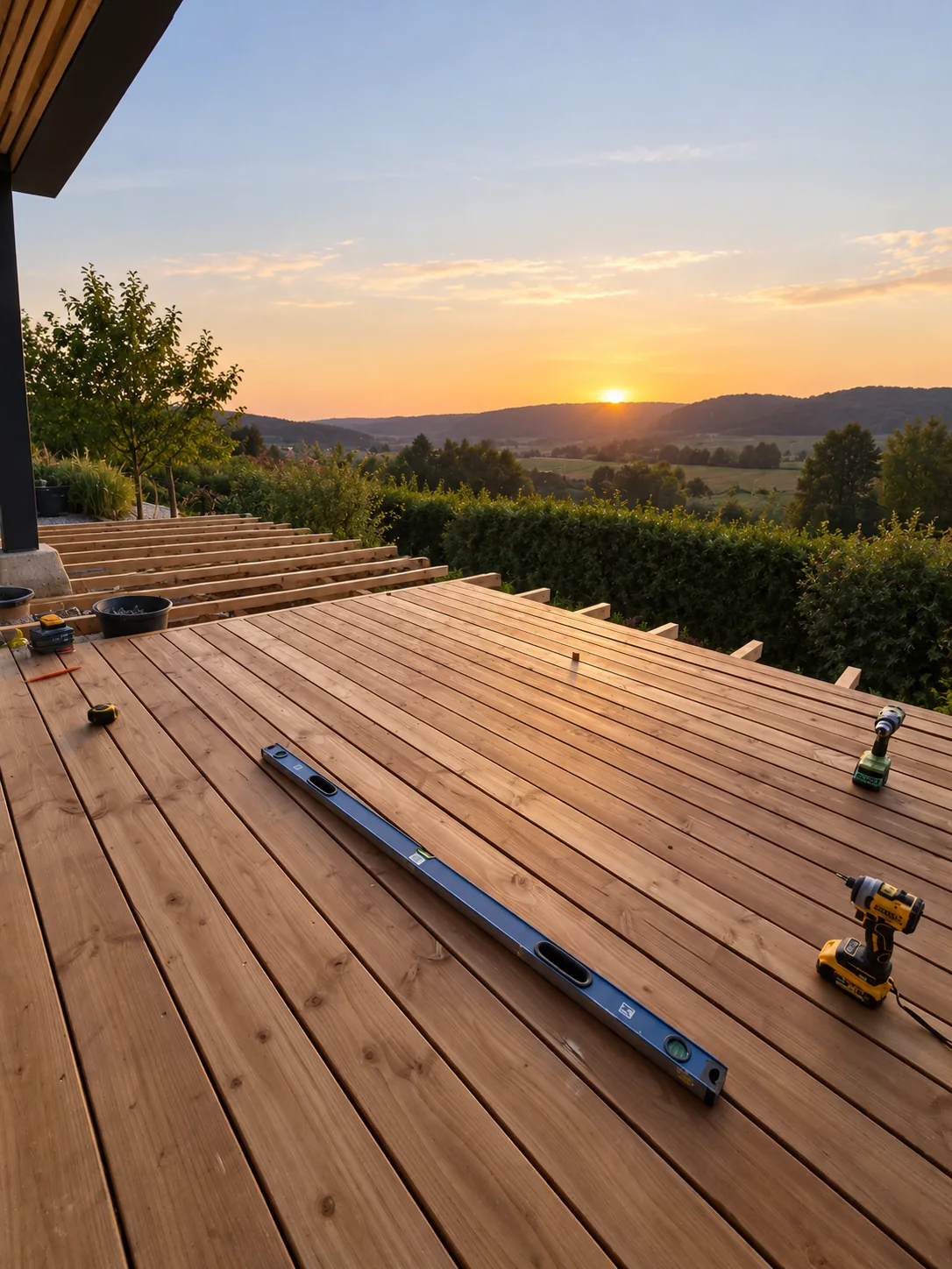 Terrasse bois en cours de pose au coucher du soleil avec outillage visible